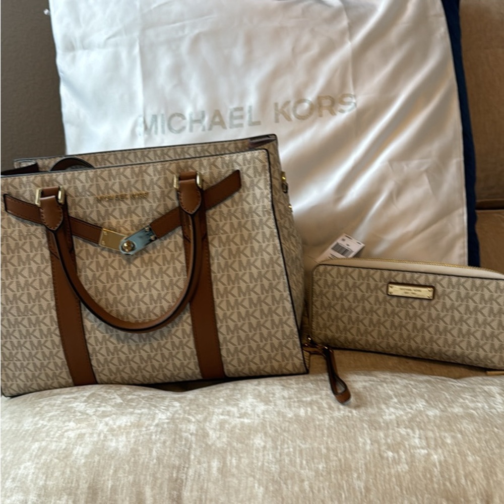 Brown and cream Michael Kors bag and matching wallet